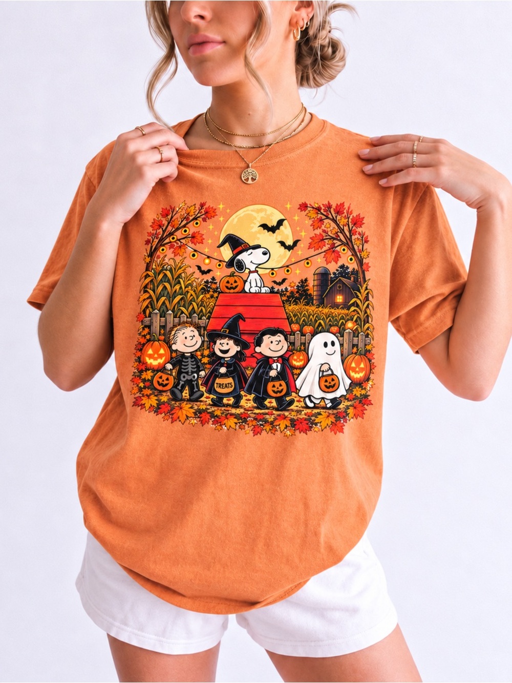 Peanuts Snoopy Halloween Trick Or Treat Gildan T-Shirt Orange NWT